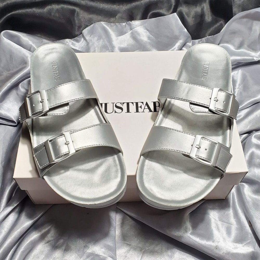 NIB JUSTFAB silver slide molded slide sandals LUCA SZ 7.5